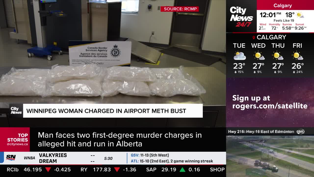 Several clear plastic bags filled with a white substance sit on a metal surface, under a Canada Border Services Agency sign. A CityNews Calgary graphic reports on a Winnipeg woman charged in an airport meth bust.
