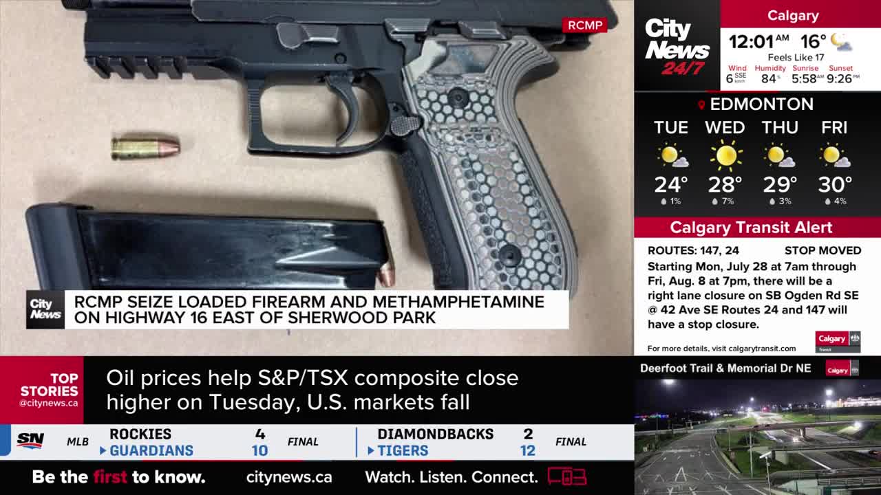 A handgun with a patterned grip and a magazine lie on a surface, alongside a single bullet. The CityNews Calgary banner reports an RCMP seizure of a loaded firearm and methamphetamine.
