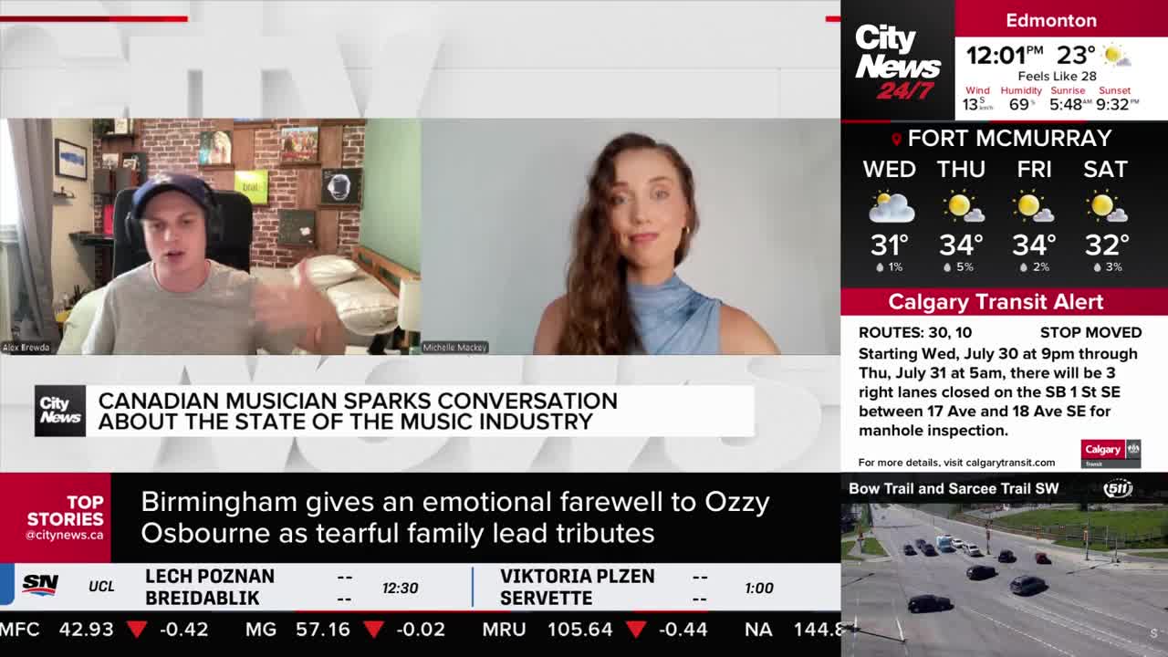 A man in a baseball cap gestures with his hands while speaking, and a woman smiles, both appearing on a CityNews Calgary broadcast. The screen displays weather updates and a transit alert for the city.
