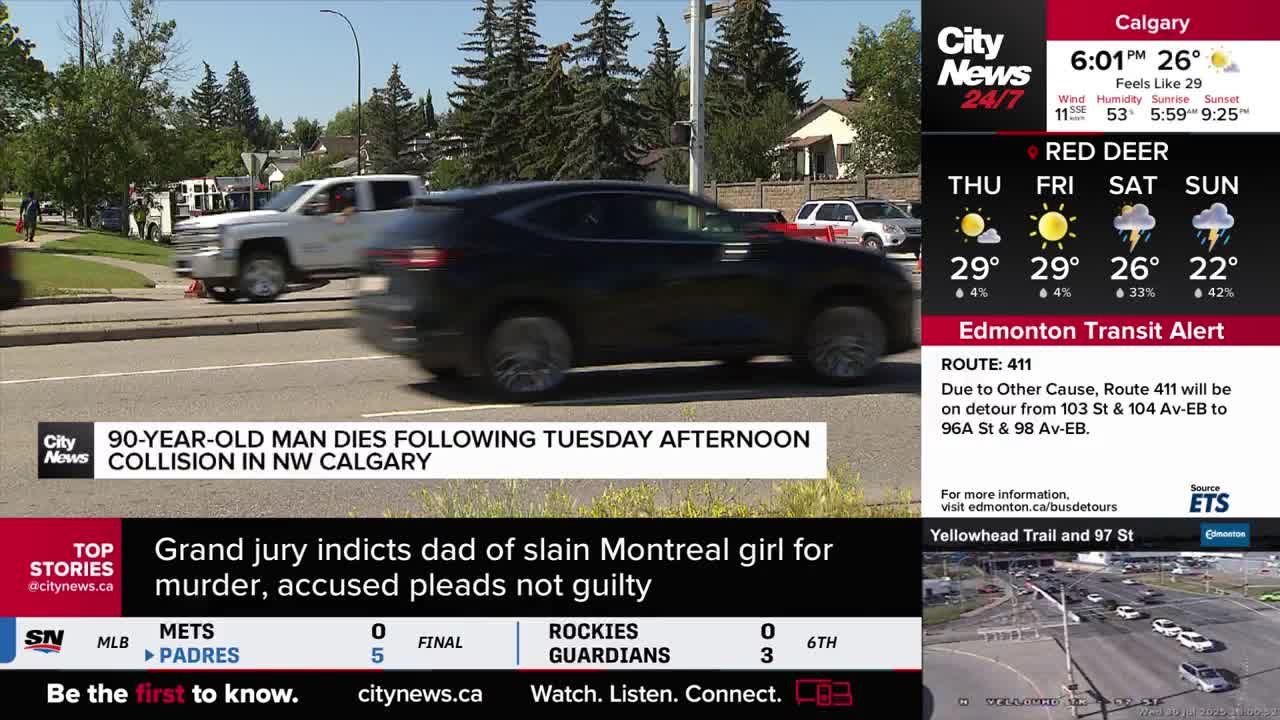 A black SUV speeds past, its tires blurring as it crosses the frame. The CityNews Calgary banner reports on a fatal collision in the city.
