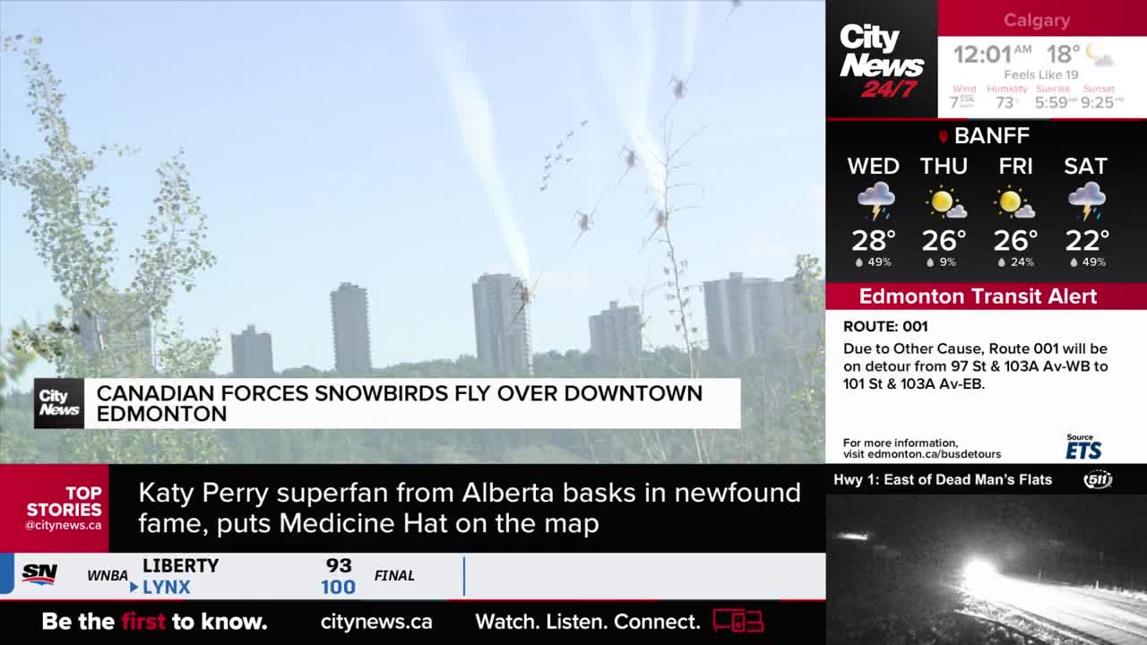 Above the Edmonton skyline, the Canadian Forces Snowbirds are leaving trails of white smoke as they fly. CityNews Calgary is reporting on the aerial display.
