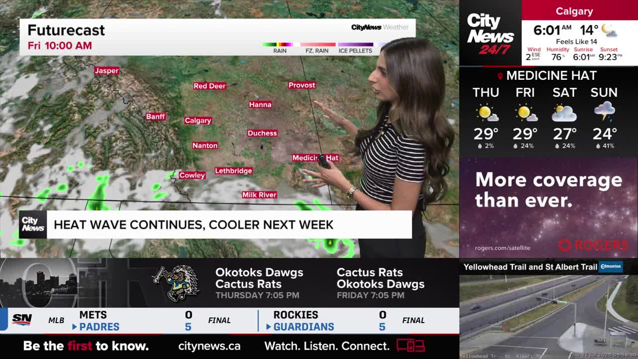 A CityNews Calgary weather presenter gestures towards a map of Alberta, indicating the forecast for the province. Below the map, a headline announces a continuing heat wave with cooler temperatures expected next week.
