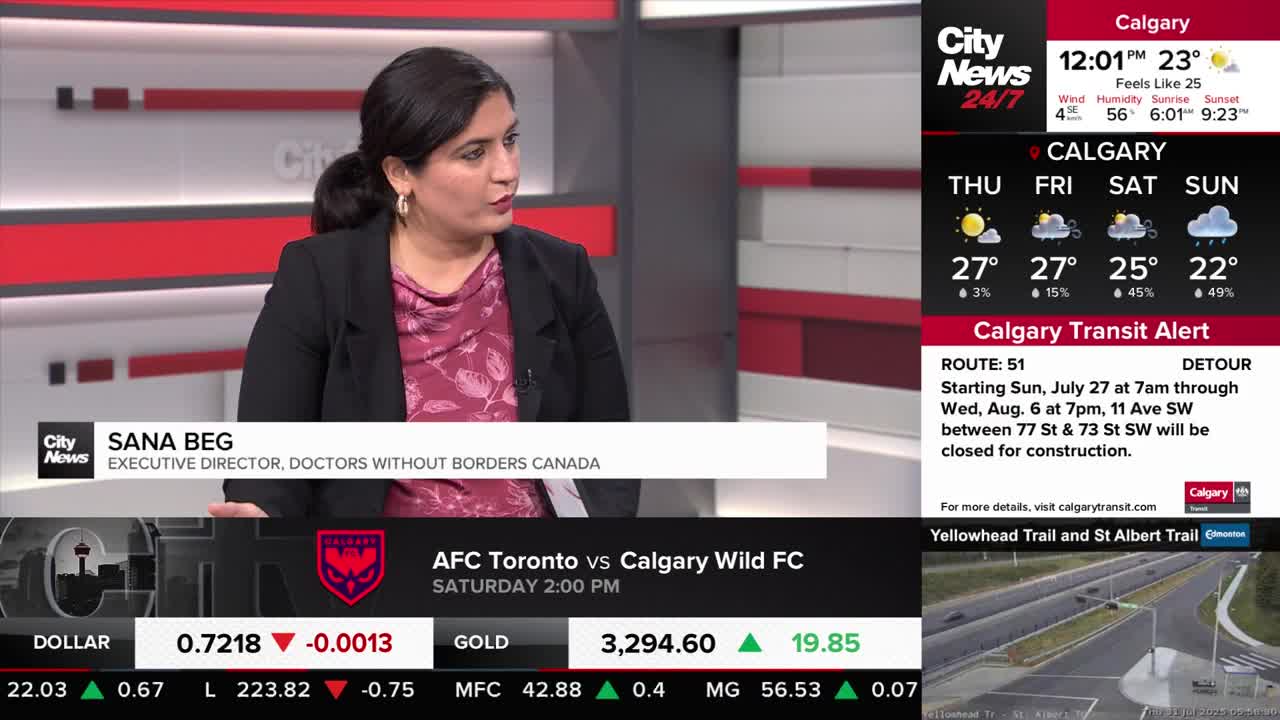 Sana Beg, Executive Director of Doctors Without Borders Canada, speaks on CityNews Calgary. The screen displays the Calgary weather forecast and a transit alert.
