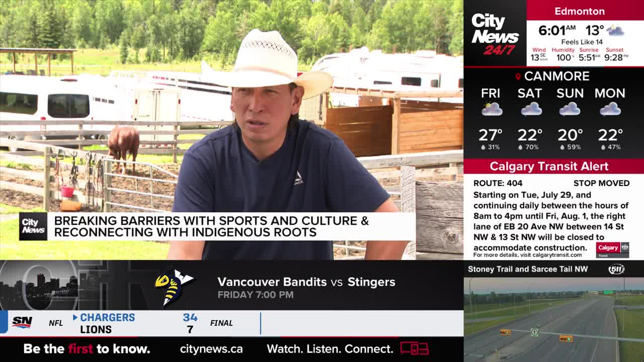 A man in a cowboy hat is speaking, framed by a wooden fence and a trailer. The CityNews Calgary graphic below highlights a story about reconnecting with Indigenous roots.
