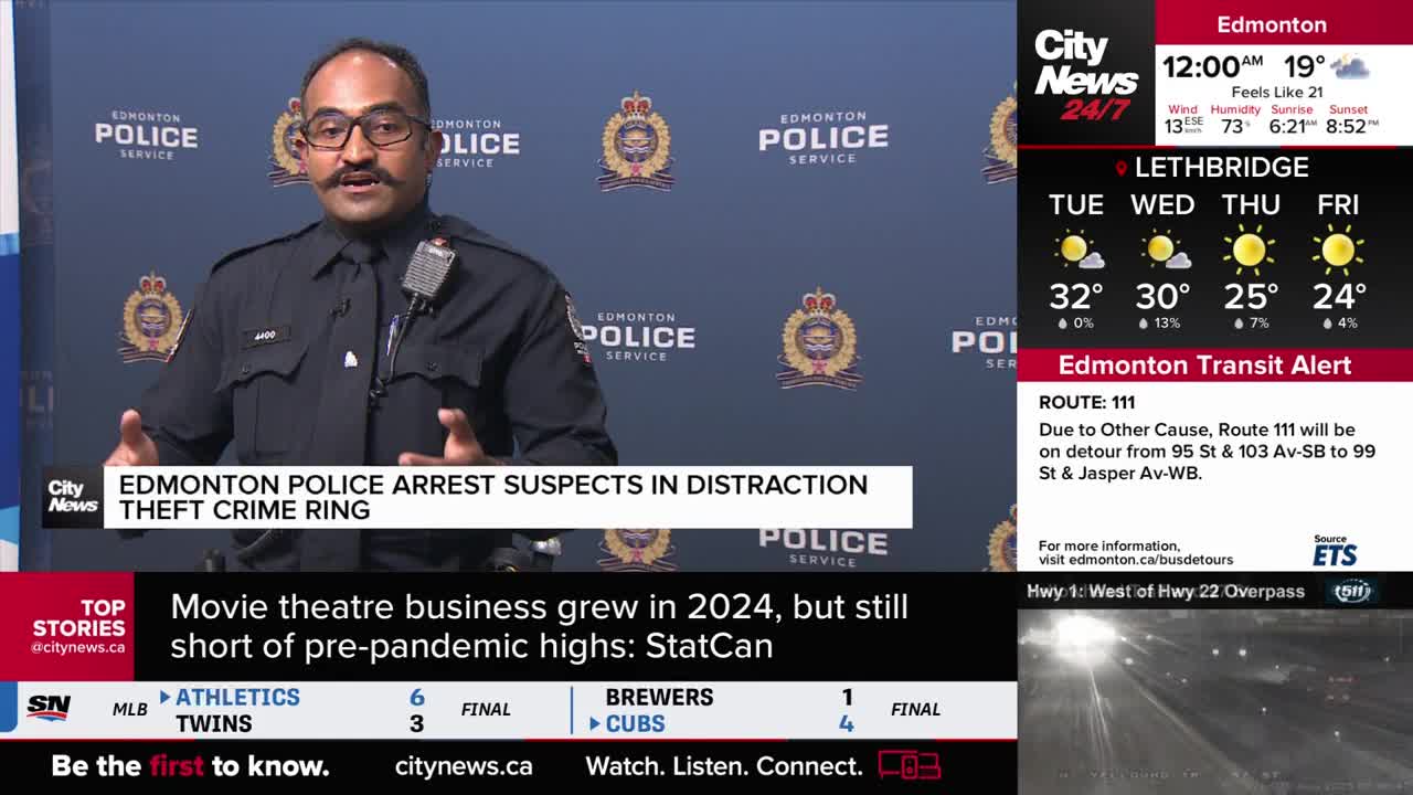 A police officer in uniform speaks into a microphone, gesturing with his hands. The CityNews Calgary logo is visible, along with a headline about an Edmonton Police investigation.

