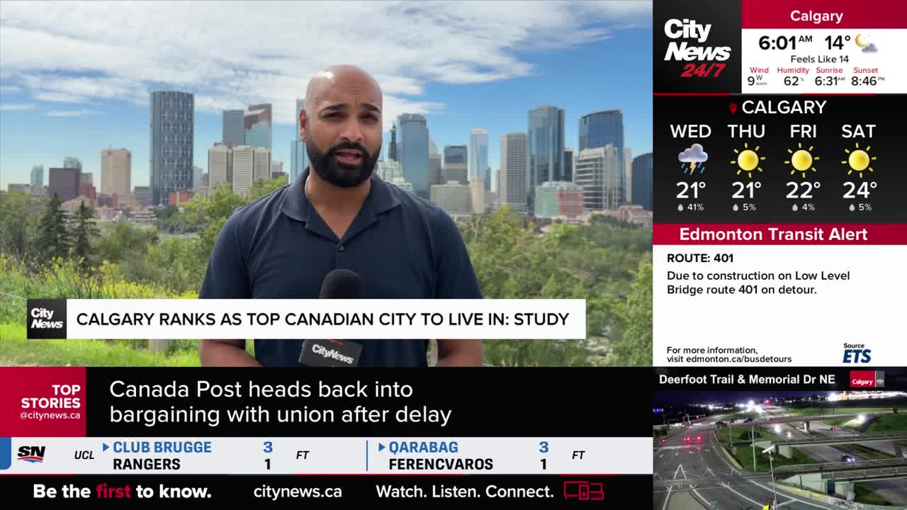 A CityNews Calgary reporter stands in front of a cityscape, speaking into a microphone. The screen beside him displays the weather forecast and a transit alert for Edmonton.
