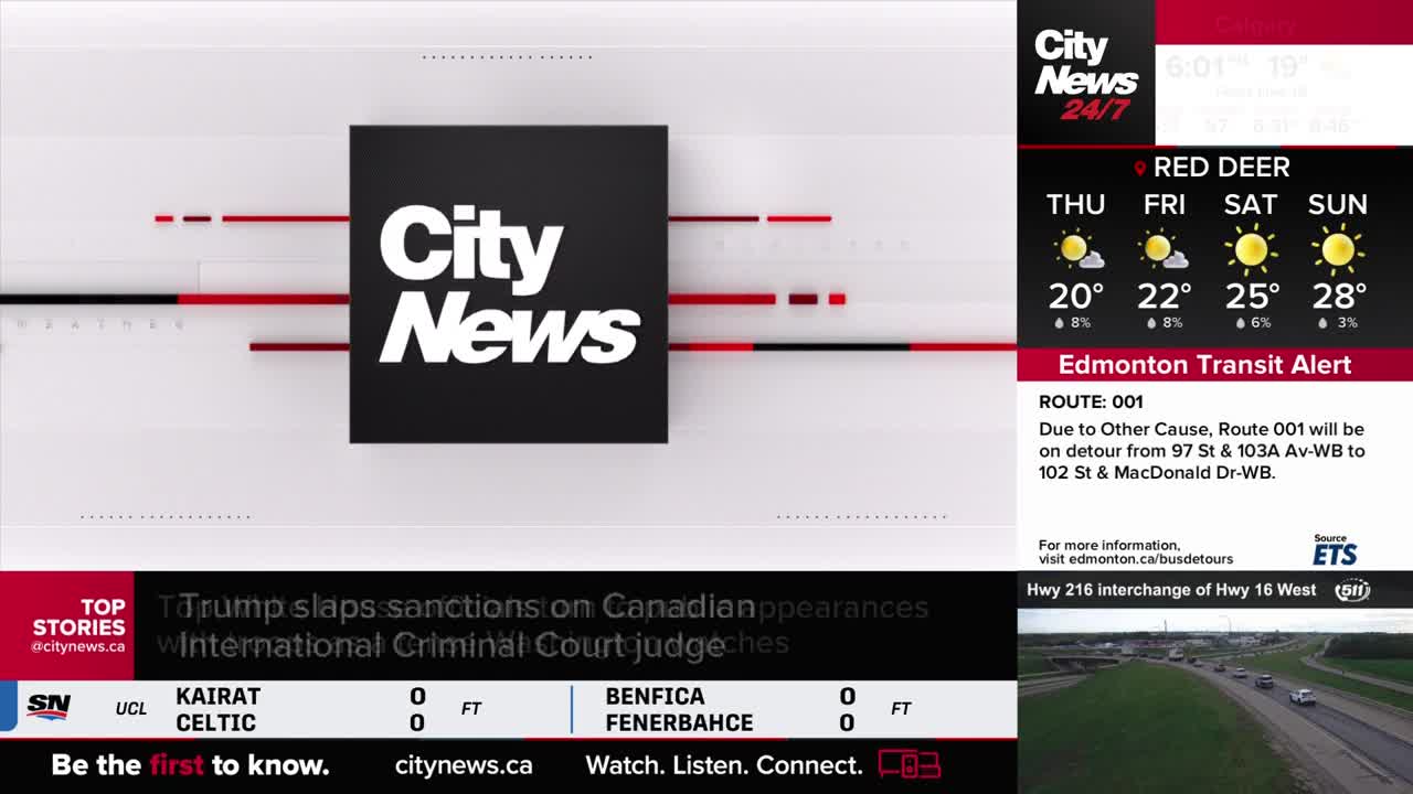 A CityNews graphic dominates the screen, with a headline about sanctions on Canadian appearances. Weather forecasts for Red Deer and an Edmonton transit alert are displayed on the right.
