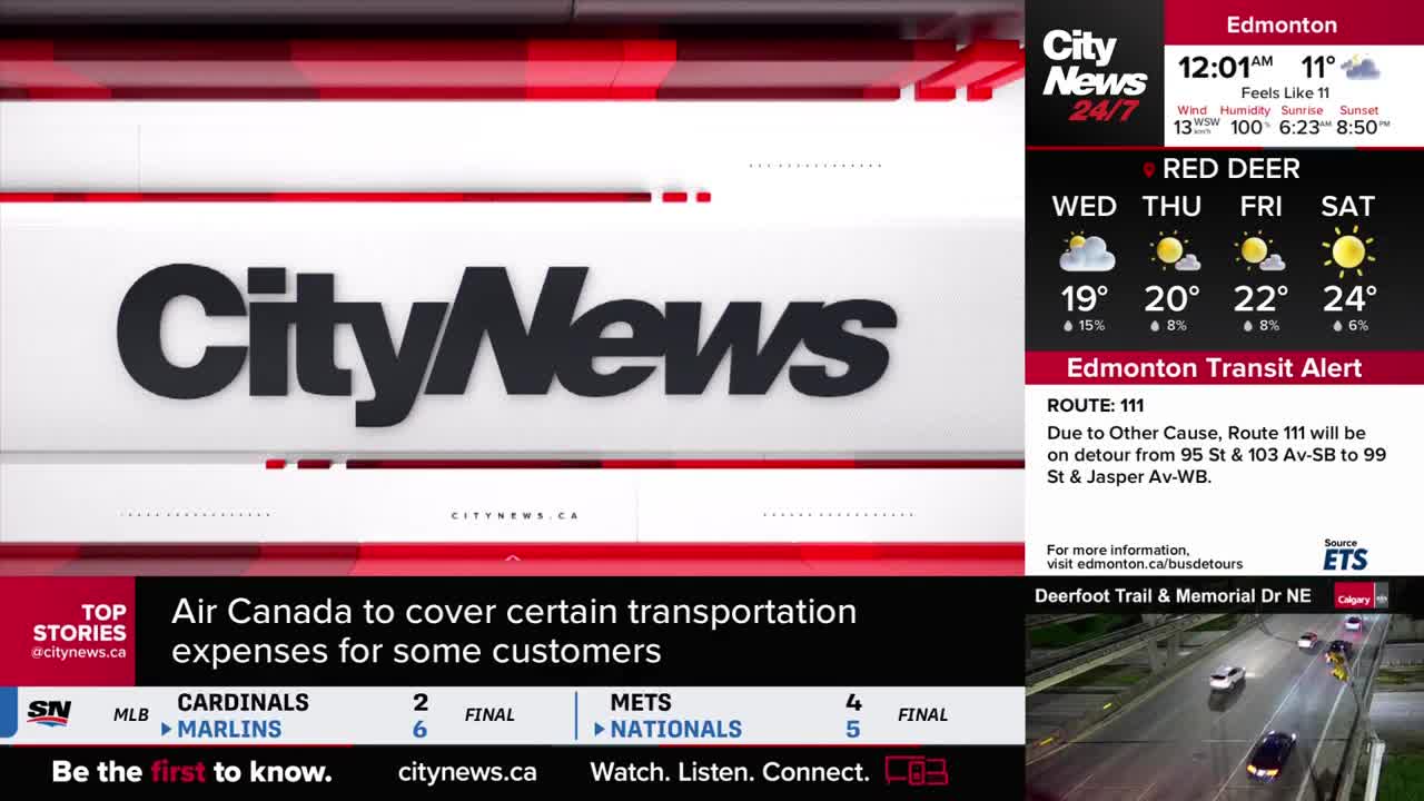 The CityNews logo is centered on the screen, with a red and white design framing it. Information about Edmonton weather and a transit alert are displayed on the right.
