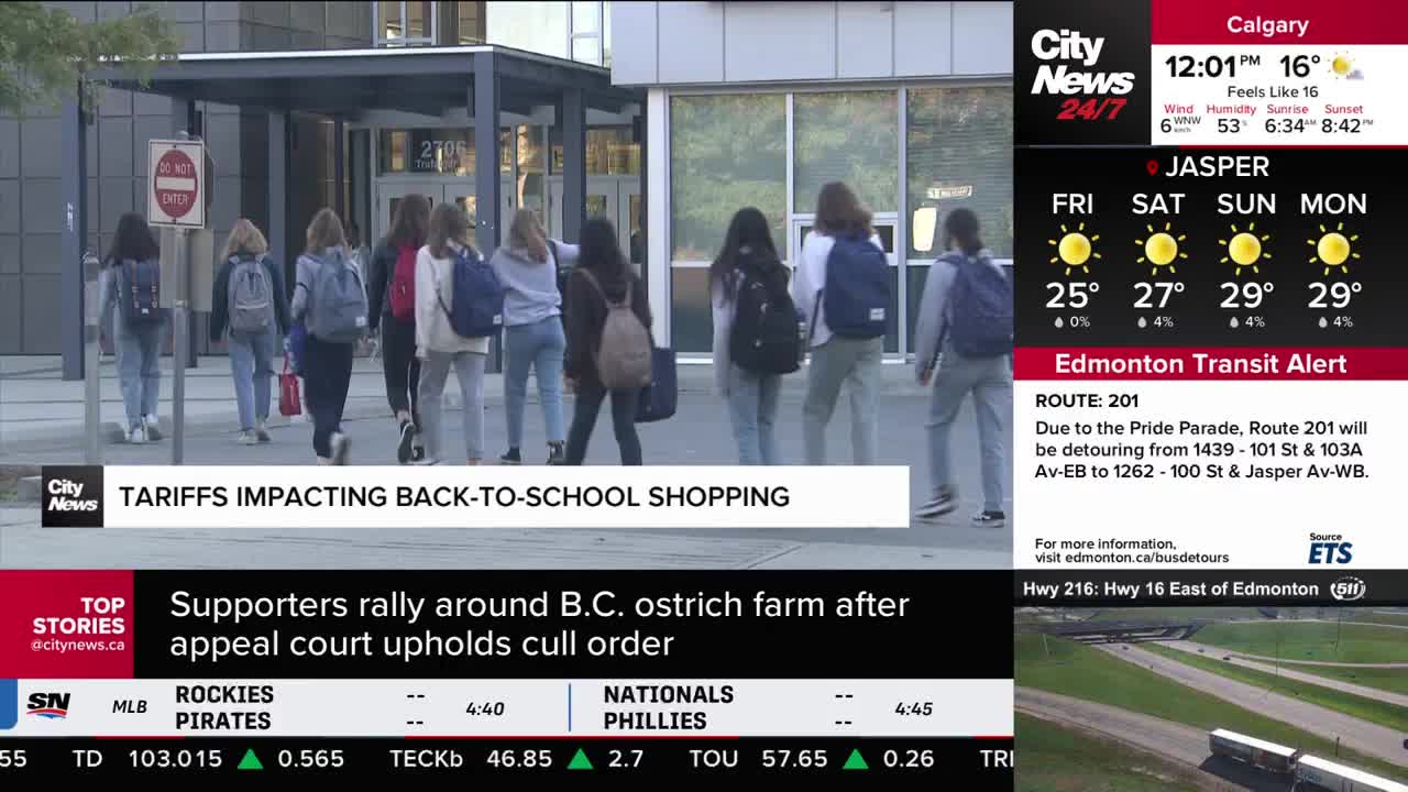 A group of students, backpacks slung over their shoulders, walk towards a building entrance. The CityNews Calgary graphic highlights a story about back-to-school shopping.
