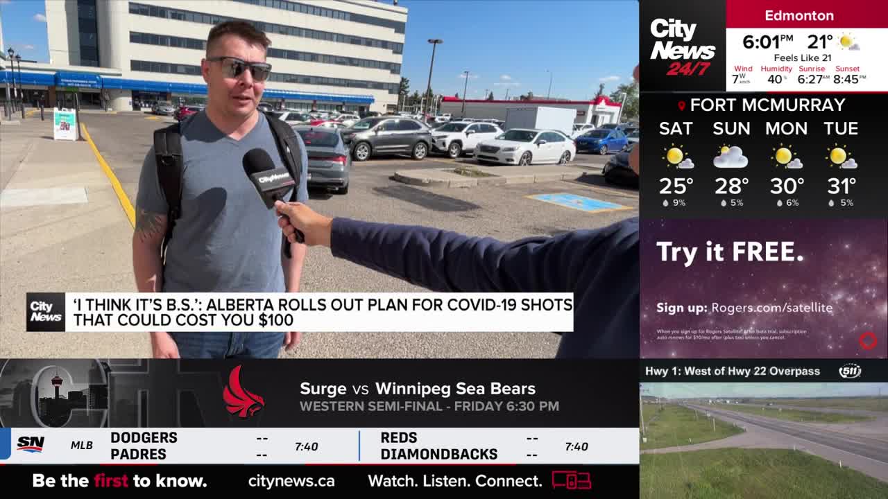 A man in sunglasses is being interviewed by a CityNews Calgary reporter outside, a microphone held close to his face. The on-screen graphic references a new Alberta plan for COVID-19 shots.
