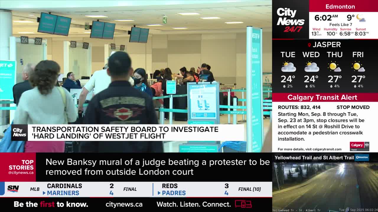People are clustered near a check-in area, some facing a counter and others walking toward the camera. A CityNews Calgary graphic announces an investigation into a WestJet flight incident.
