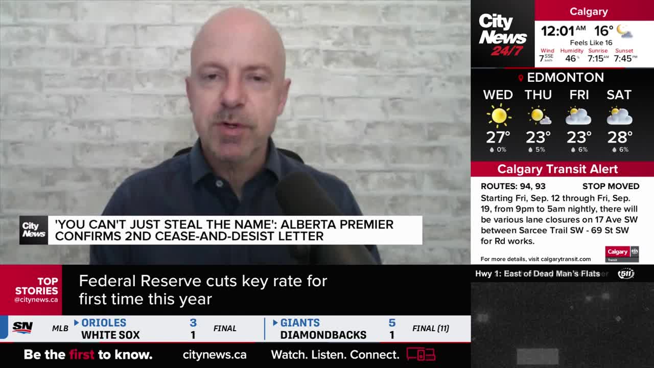 A bald man speaks into a microphone, his face filling the screen for CityNews Calgary. The lower third of the screen displays a headline about Alberta's premier and a cease-and-desist letter.
