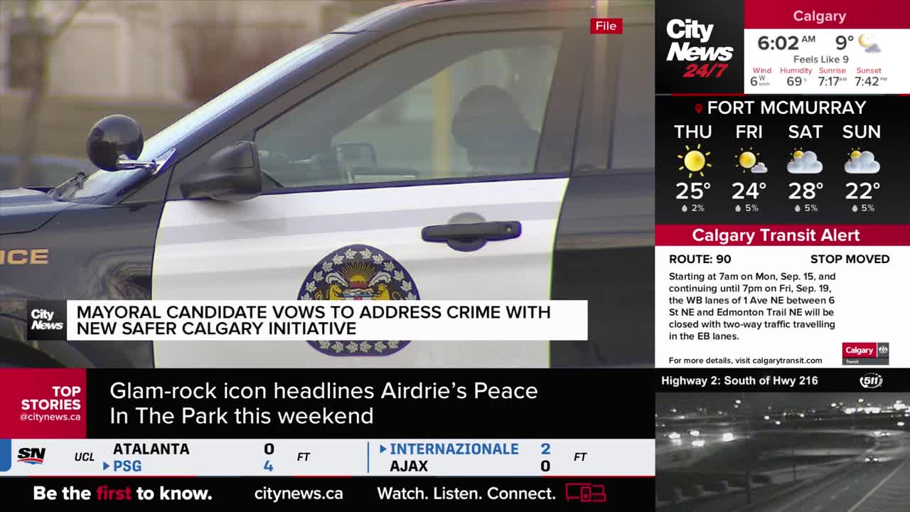 A police car, part of which is visible, is the focus of the CityNews Calgary broadcast. The news ticker reports on a mayoral candidate's initiative to address crime.
