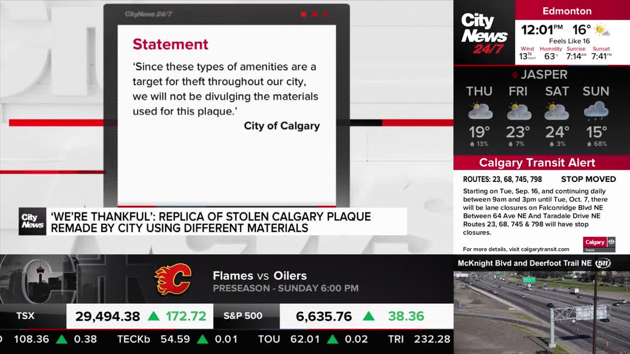 A CityNews Calgary graphic displays a statement from the City of Calgary about a stolen plaque. Below, the Flames are set to face the Oilers in a preseason game.
