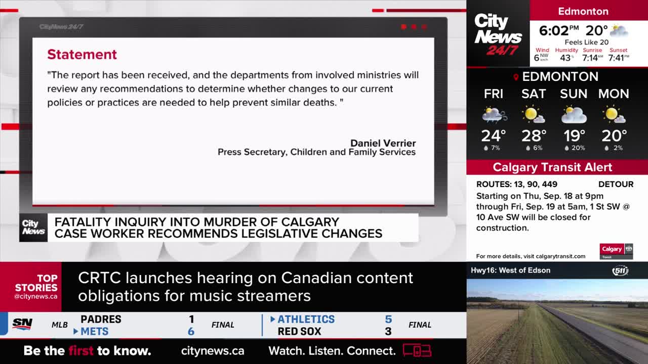 A CityNews Calgary broadcast displays a statement from Daniel Verrier regarding a fatality inquiry. The lower third announces a CRTC hearing about Canadian content obligations for music streamers.
