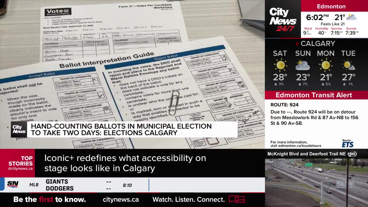 Ballot interpretation guides and worksheets are laid out, held together by a paper clip. The CityNews Calgary graphic announces that hand-counting ballots in the municipal election will take two days.
