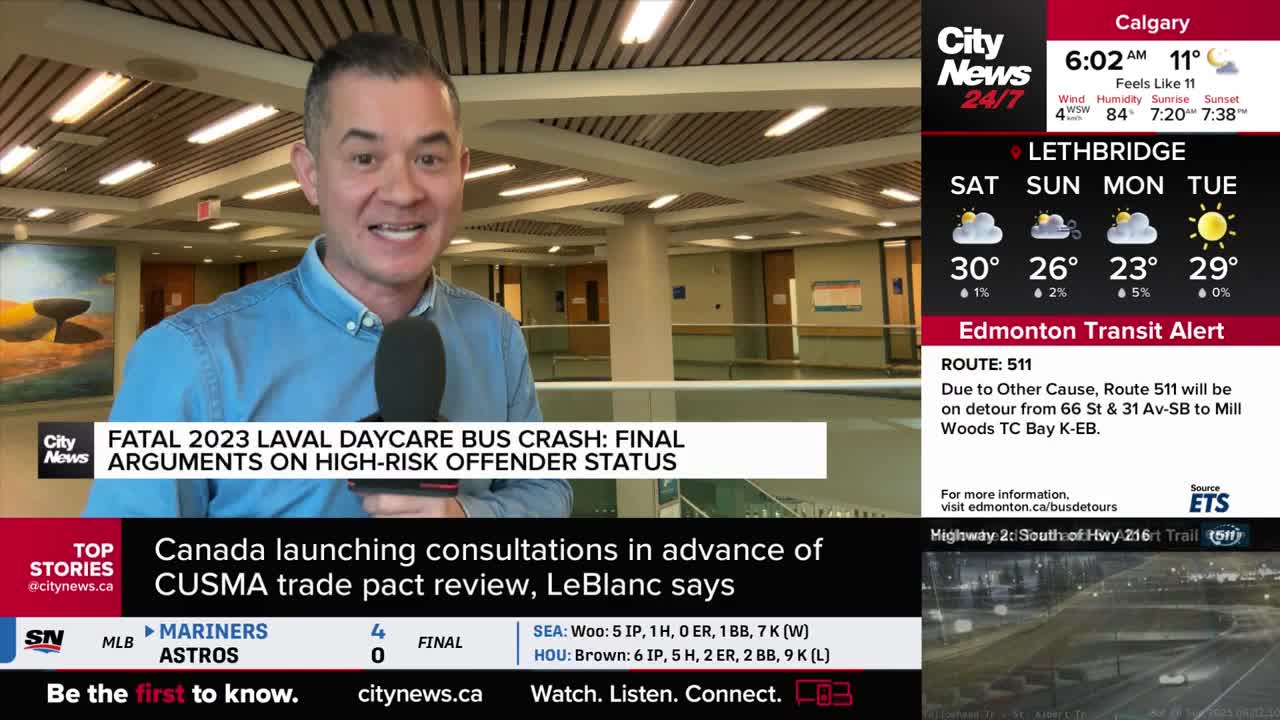 A CityNews Calgary reporter, holding a microphone, is speaking directly to the camera in a brightly lit hallway. Graphics on the screen behind him highlight the news and weather in Canada.
