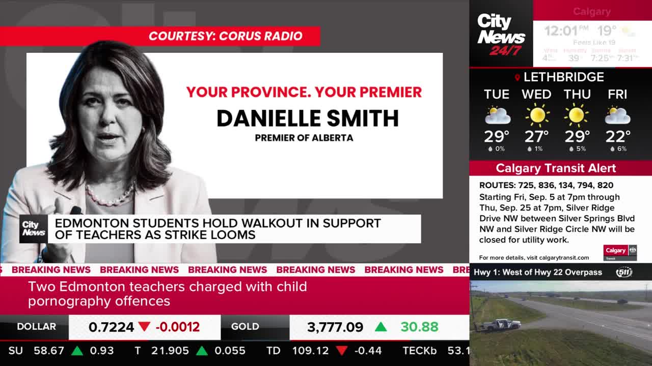 Danielle Smith, the Premier of Alberta, is on screen in a CityNews Calgary broadcast. The news ticker below flashes headlines about Edmonton students and a transit alert.
