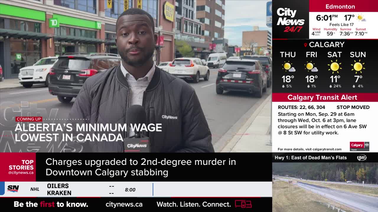 A CityNews reporter in Calgary stands on a sidewalk, a microphone in hand, with traffic moving slowly behind him. The weather forecast for the city shows a sunny Thursday, and the news ticker highlights a transit alert.
