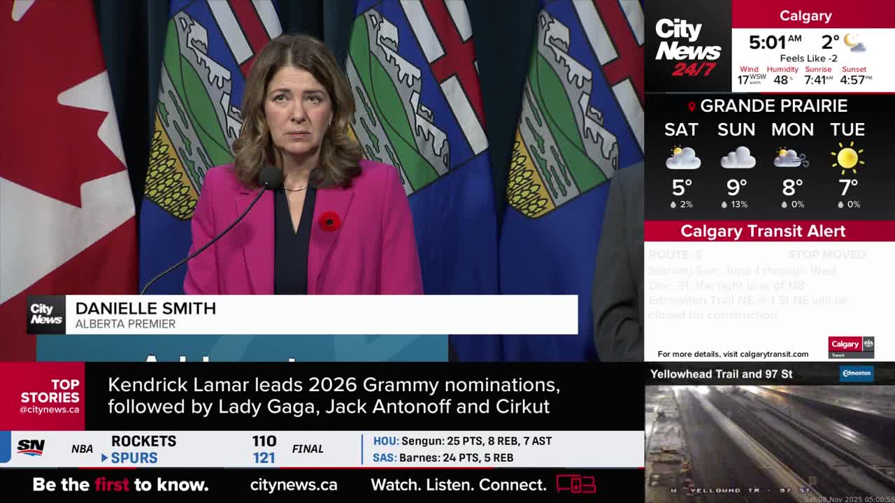 Danielle Smith, the Alberta Premier, stands at a podium with the Canadian flag visible behind her. The CityNews Calgary logo is in the corner, and the broadcast shows the local weather and transit alerts.
Danielle Smith, the Alberta Premier, stands at a podium with the Canadian flag visible behind her. The CityNews Calgary logo is in the corner, and the broadcast shows the local weather and transit alerts.