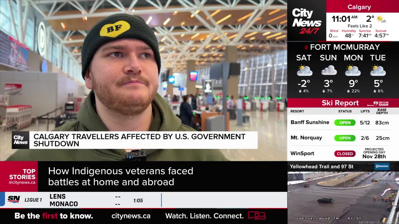 A man in a green beanie is talking, the airport terminal behind him. A CityNews Calgary graphic explains the story: travelers are affected by the U.S. government shutdown.
A man in a green beanie is talking, the airport terminal behind him. A CityNews Calgary graphic explains the story: travelers are affected by the U.S. government shutdown.