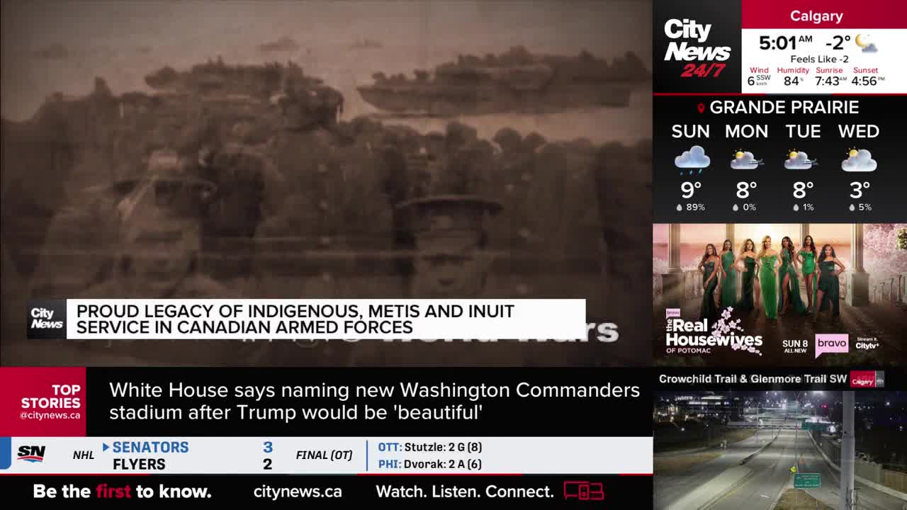 The screen on CityNews Calgary shows a grainy, sepia-toned image of what appears to be military vehicles or ships. A banner declares the subject is the "Proud Legacy of Indigenous, Metis and Inuit Service in Canadian Armed Forces."
The screen on CityNews Calgary shows a grainy, sepia-toned image of what appears to be military vehicles or ships. A banner declares the subject is the "Proud Legacy of Indigenous, Metis and Inuit Service in Canadian Armed Forces."