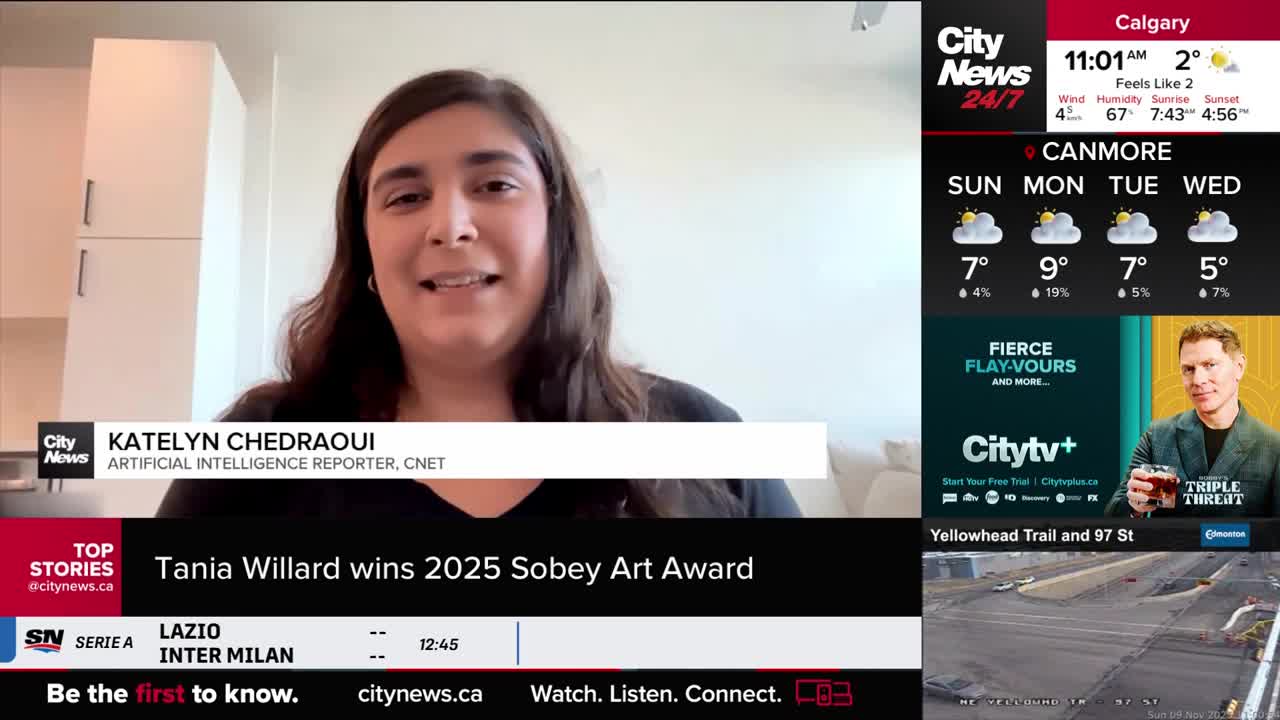 Katelyn Chedraoui, an Artificial Intelligence reporter, is speaking on CityNews Calgary. The broadcast displays the weather and news headlines alongside her.
Katelyn Chedraoui, an Artificial Intelligence reporter, is speaking on CityNews Calgary. The broadcast displays the weather and news headlines alongside her.