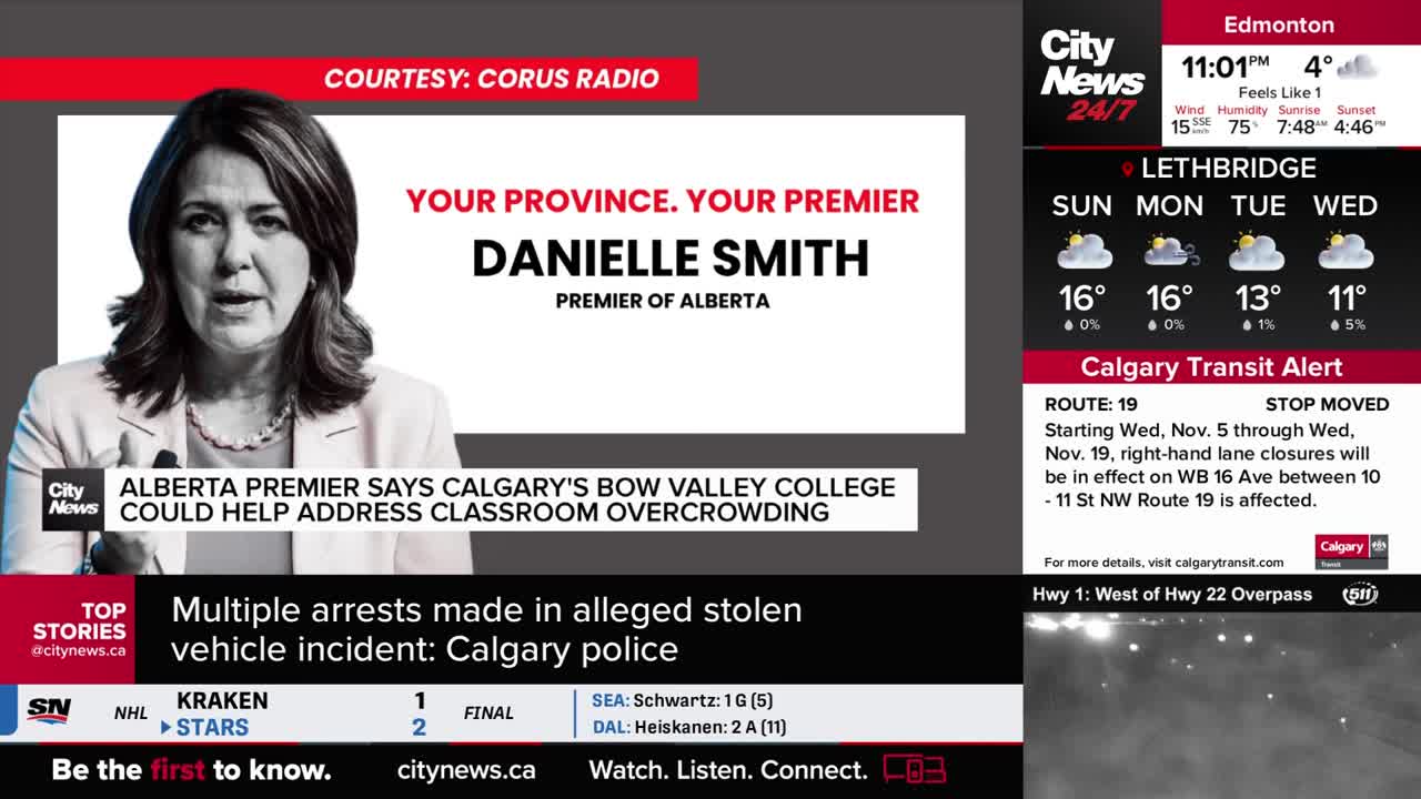 Danielle Smith, the Premier of Alberta, is on the screen, discussing Calgary's Bow Valley College. CityNews Calgary's graphics show the time, weather, and a transit alert.
Danielle Smith, the Premier of Alberta, is on the screen, discussing Calgary's Bow Valley College. CityNews Calgary's graphics show the time, weather, and a transit alert.