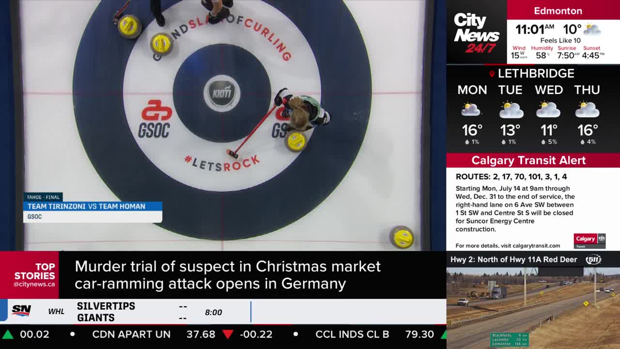 A curler, holding a broom, is about to send a stone down the ice. The CityNews Calgary feed is showing the weather forecast for Lethbridge and a transit alert.
A curler, holding a broom, is about to send a stone down the ice. The CityNews Calgary feed is showing the weather forecast for Lethbridge and a transit alert.