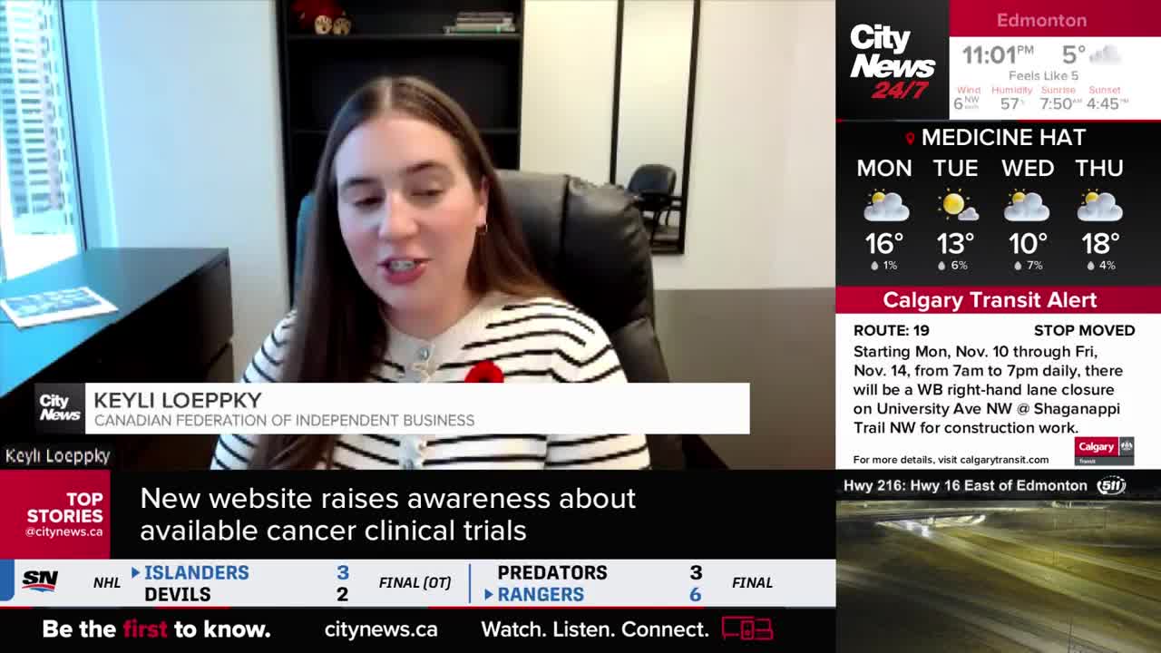 Keyli Loeppky from the Canadian Federation of Independent Business is speaking on CityNews Calgary. The screen shows a weather forecast and a transit alert for Calgary, along with hockey scores.
Keyli Loeppky from the Canadian Federation of Independent Business is speaking on CityNews Calgary. The screen shows a weather forecast and a transit alert for Calgary, along with hockey scores.