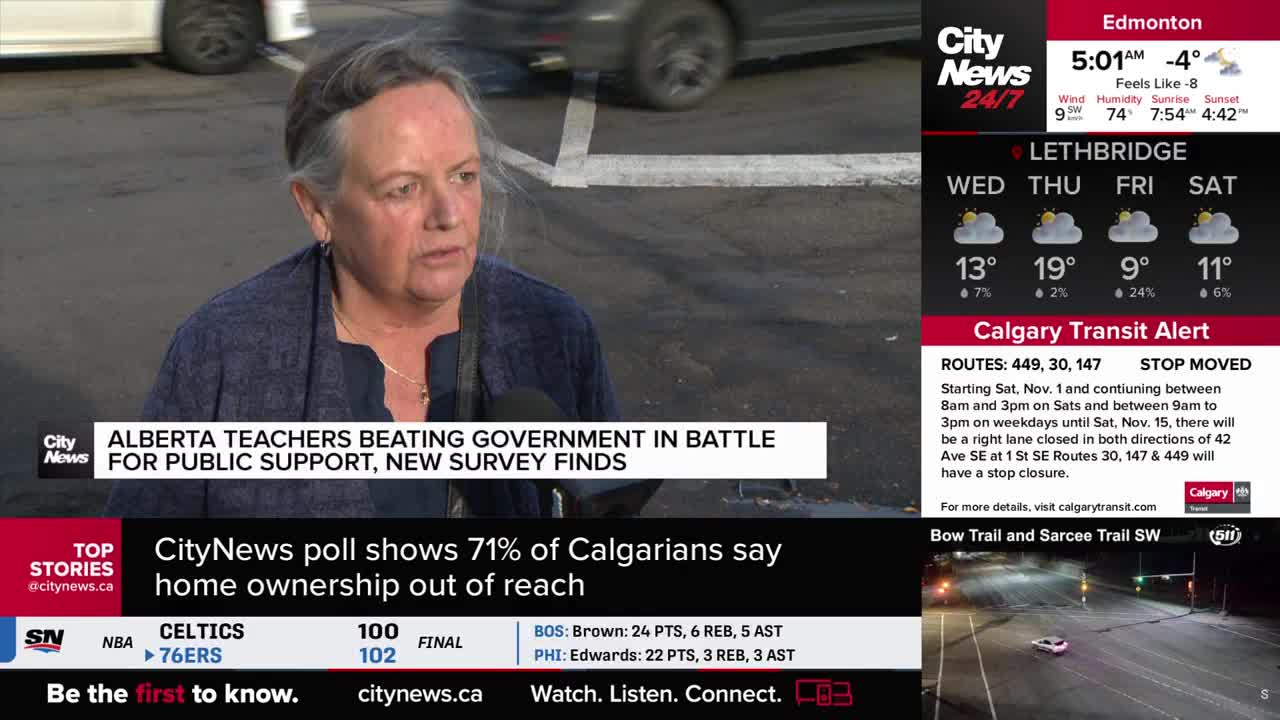 A woman speaks into a microphone, likely for CityNews Calgary, with a headline about Alberta teachers displayed on screen. Behind her, a car moves across a parking lot.
A woman speaks into a microphone, likely for CityNews Calgary, with a headline about Alberta teachers displayed on screen. Behind her, a car moves across a parking lot.