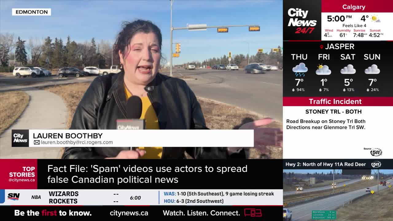 A CityNews reporter, Lauren Boothby, stands beside a road in Edmonton, speaking into a microphone. Cars move steadily along the multi-lane highway behind her.
A CityNews reporter, Lauren Boothby, stands beside a road in Edmonton, speaking into a microphone. Cars move steadily along the multi-lane highway behind her.