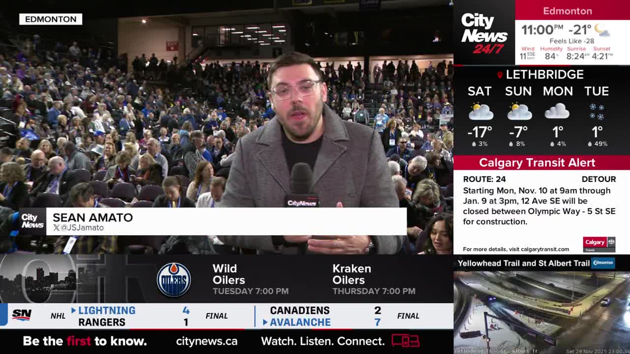 A CityNews reporter, Sean Amato, is speaking into a microphone, with a large crowd visible behind him. The broadcast includes weather details for Edmonton and Lethbridge, along with a transit alert for Calgary.
