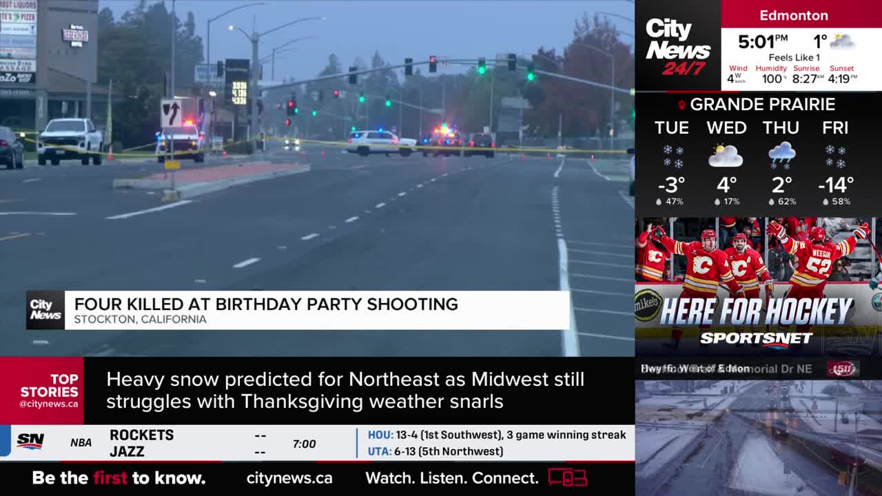 Yellow tape cordons off a street where emergency vehicles are parked, lights flashing. The CityNews Calgary banner reports a shooting, with information about the weather in Edmonton.
