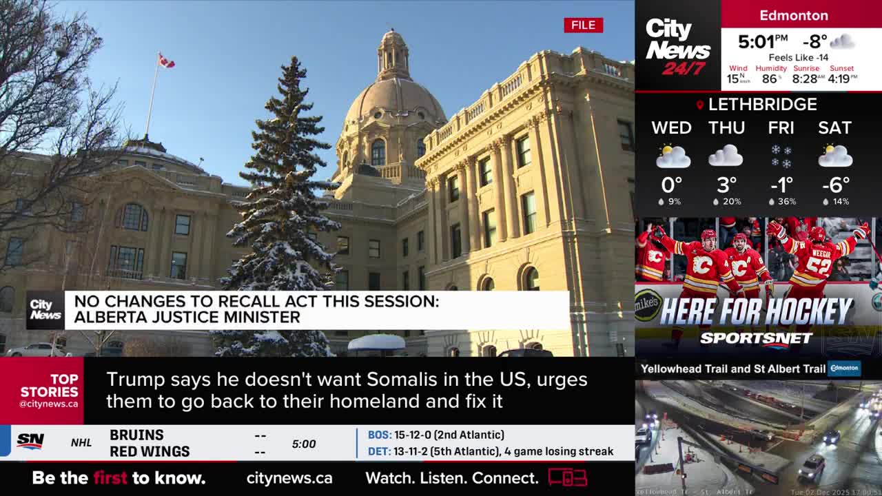 The CityNews Calgary broadcast shows the Alberta Legislature building on a crisp, sunny day. The weather forecast for Lethbridge is displayed alongside a hockey promotion.
