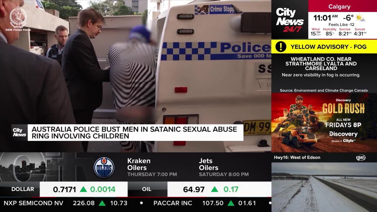 Two men in suits are escorting a man in a striped shirt toward a police van. The CityNews Calgary banner flashes a headline about an Australian police bust.
