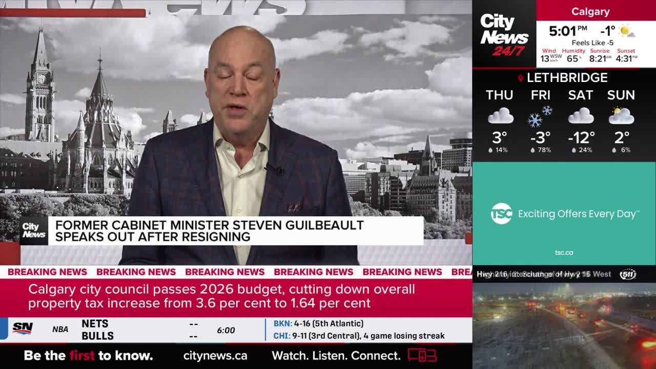 A man in a suit is speaking, his face lit by studio lights, against a backdrop of a black and white cityscape. The CityNews Calgary logo is visible, and breaking news headlines scroll below.
A man in a suit is speaking, his face lit by studio lights, against a backdrop of a black and white cityscape. The CityNews Calgary logo is visible, and breaking news headlines scroll below.