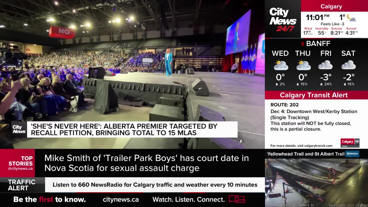A woman in a blue suit stands on a stage, addressing a large crowd. Above, a CityNews Calgary graphic reports on an Alberta Premier targeted by a recall petition.
A woman in a blue suit stands on a stage, addressing a large crowd. Above, a CityNews Calgary graphic reports on an Alberta Premier targeted by a recall petition.