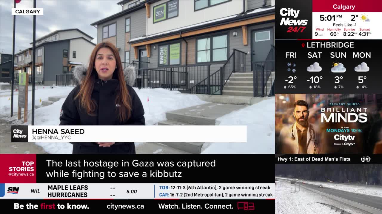 Henna Saeed, a CityNews Calgary reporter, is standing in front of new townhouses, speaking into a microphone. The temperature is cold, with snow visible on the ground and in the background.
Henna Saeed, a CityNews Calgary reporter, is standing in front of new townhouses, speaking into a microphone. The temperature is cold, with snow visible on the ground and in the background.