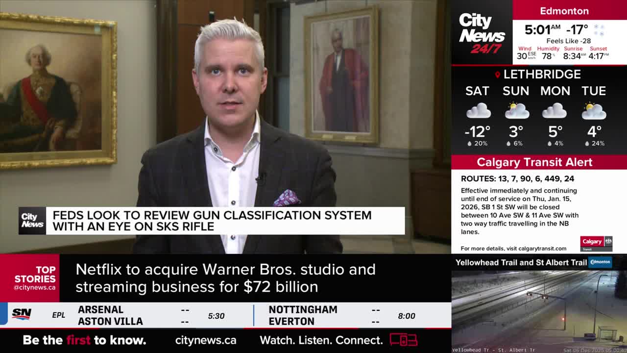 A man in a suit is speaking directly to the camera, with a CityNews logo visible. Graphics on the screen show the weather in Lethbridge, and a Calgary Transit alert.
A man in a suit is speaking directly to the camera, with a CityNews logo visible. Graphics on the screen show the weather in Lethbridge, and a Calgary Transit alert.