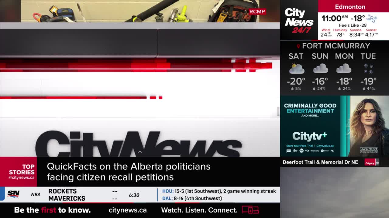 The CityNews Calgary broadcast is showing a story about Alberta politicians and recall petitions. The temperature in Edmonton is currently -18 degrees Celsius.
The CityNews Calgary broadcast is showing a story about Alberta politicians and recall petitions. The temperature in Edmonton is currently -18 degrees Celsius.