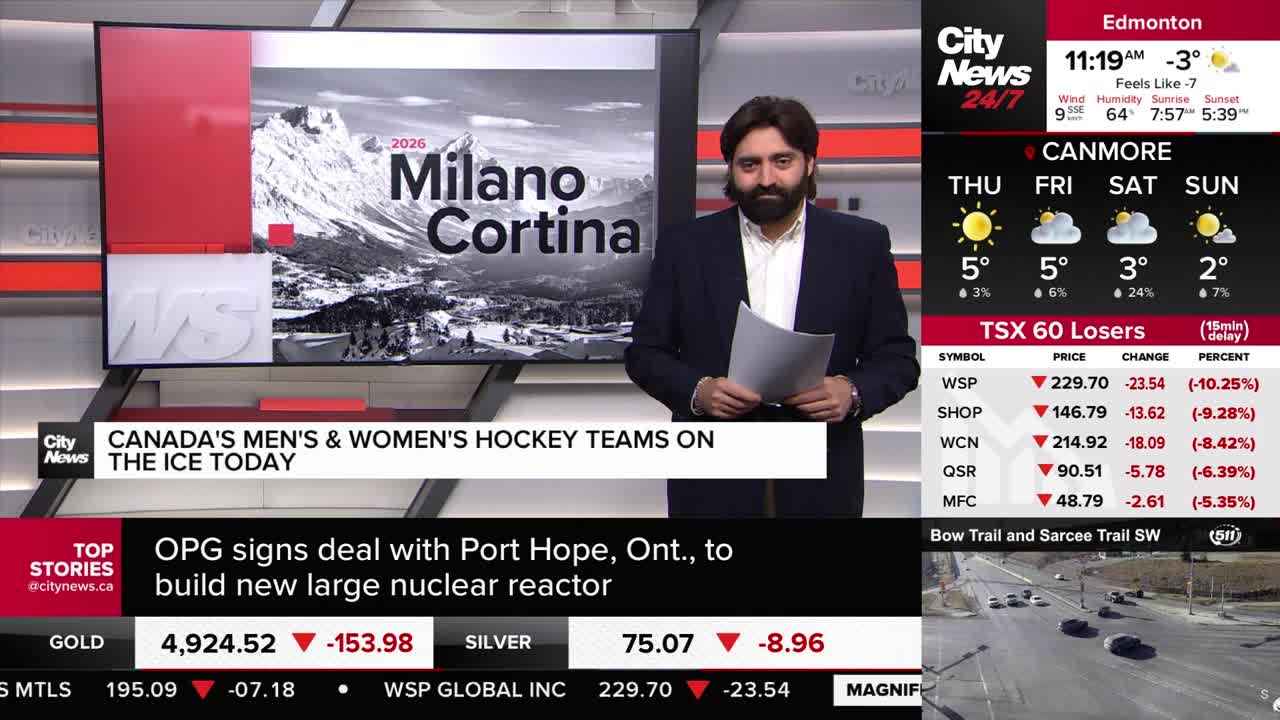 A news anchor stands holding papers, with a graphic behind him showing "2026 Milano Cortina." Another screen displays a live traffic camera feed of cars on a highway.