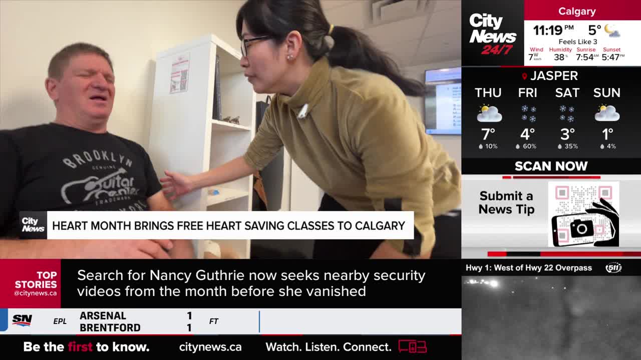 A woman in a tan shirt leans forward, her hand outstretched towards a man who is grimacing. A CityNews Calgary graphic overlays the scene, announcing free heart-saving classes.