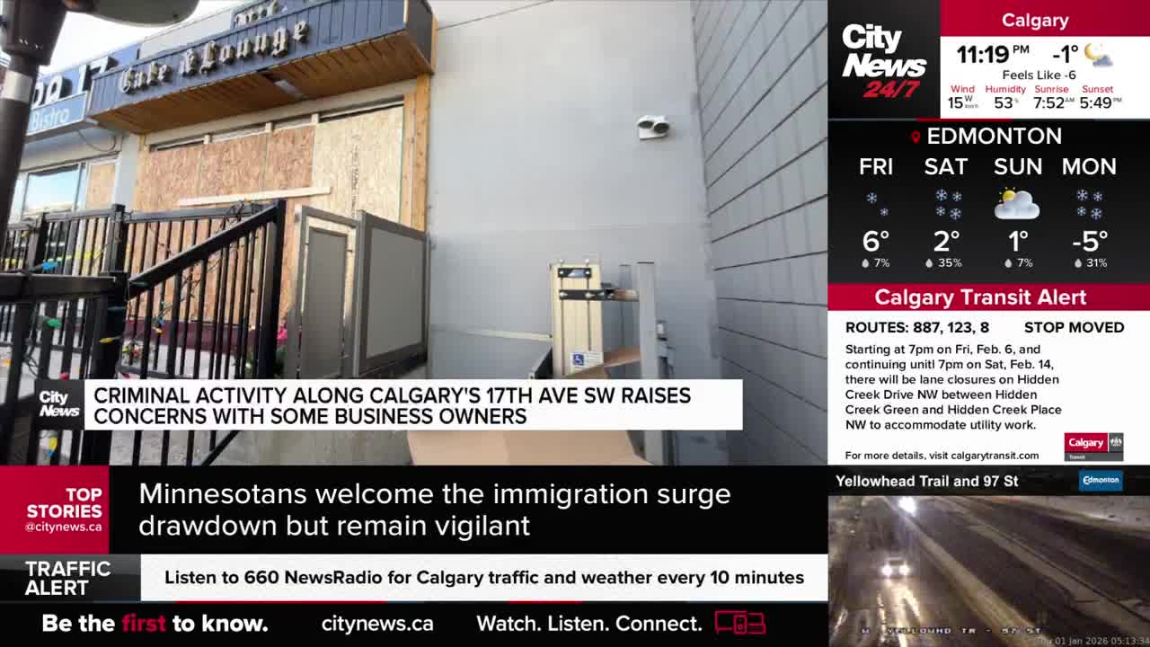 Boarded-up windows cover the front of a Calgary establishment, a stark reminder of recent criminal activity. A CityNews Calgary graphic highlights the ongoing concerns for local business owners.