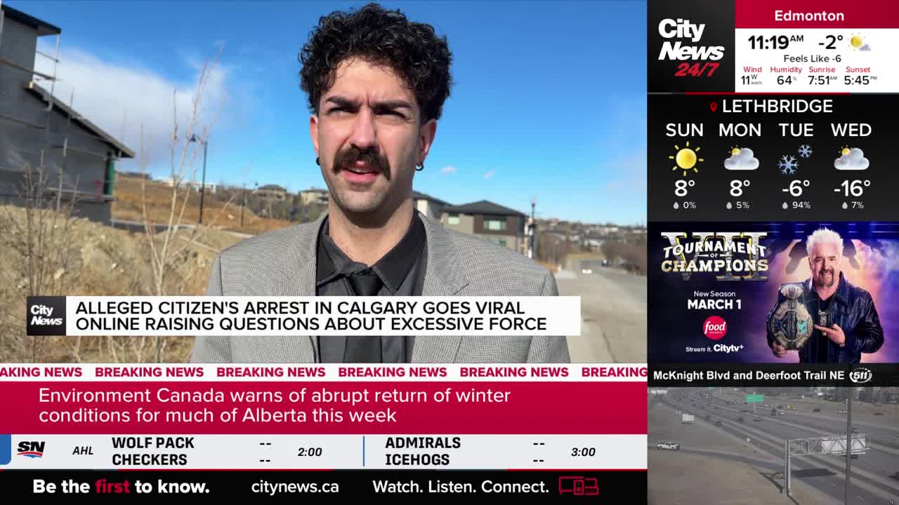 A reporter stands in front of a construction site, a headline about an arrest in Calgary scrolling behind him. The weather forecast for Lethbridge shows a sharp drop in temperature.