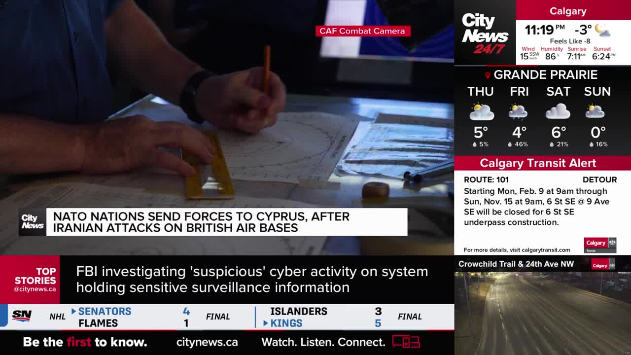A hand holds a pencil over a blueprint, a ruler resting beside it. A news ticker scrolls across the bottom of the screen, reporting on a Calgary transit alert.
