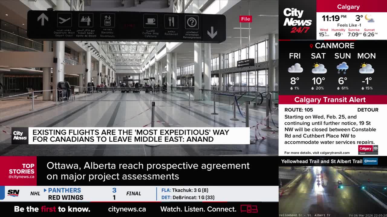 A few people are walking through the empty airport terminal. The CityNews Calgary screen displays a weather forecast for the region.