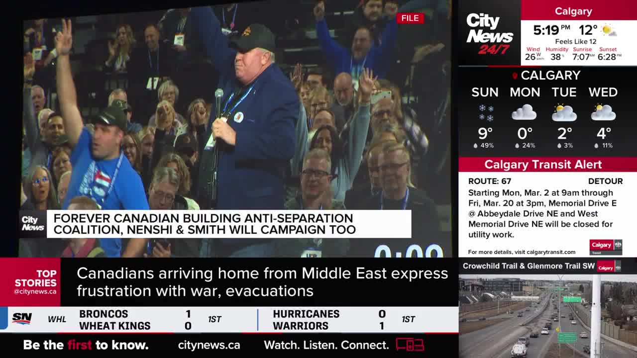 A man in a blue shirt and a cap raises his hand, a peace sign flashing, to a cheering crowd. On the screen, CityNews Calgary reports on a "Forever Canadian Building Anti-Separation Coalition" and a transit alert for Route 67.