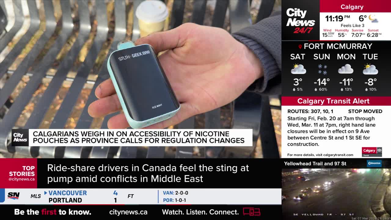 A hand holds a teal and black vaping device, its screen displaying "STUH-GEEK BAR." CityNews Calgary reports on the province's call for nicotine pouch regulation changes.