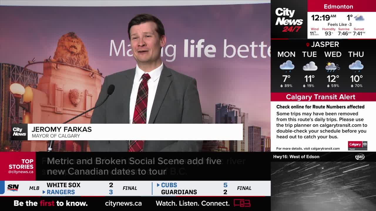 Jeromy Farkas, Mayor of Calgary, speaks at a podium, with a City News banner behind him. A weather forecast for Jasper and a transit alert for Calgary are displayed on the right side of the screen.